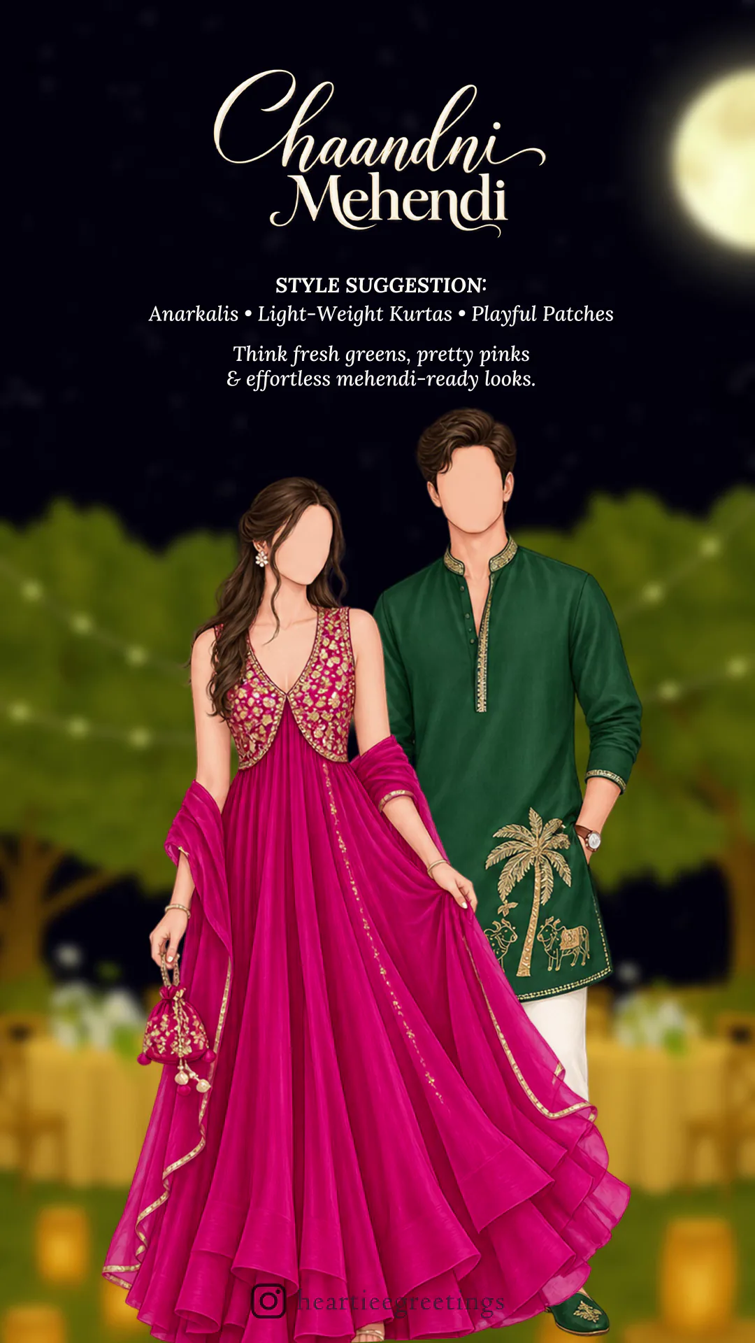 Chaandni Mehendi. Style suggestion: Anarkalis • Light-Weight Kurtas • Playful Patches. Think fresh greens, pretty pinks & effortless mehendi-ready looks.